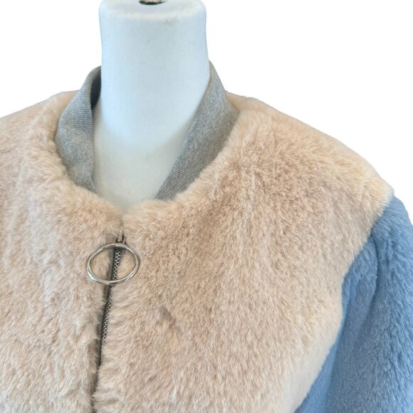SHACI Colorblock Faux Fur Bomber Jacket in Blue & Blush – Size M - Picture 7 of 9